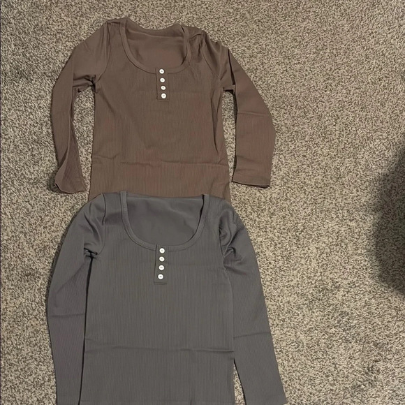 oqq Tops - Women's Long Sleeve Button-Up Tops - Brown and Gray